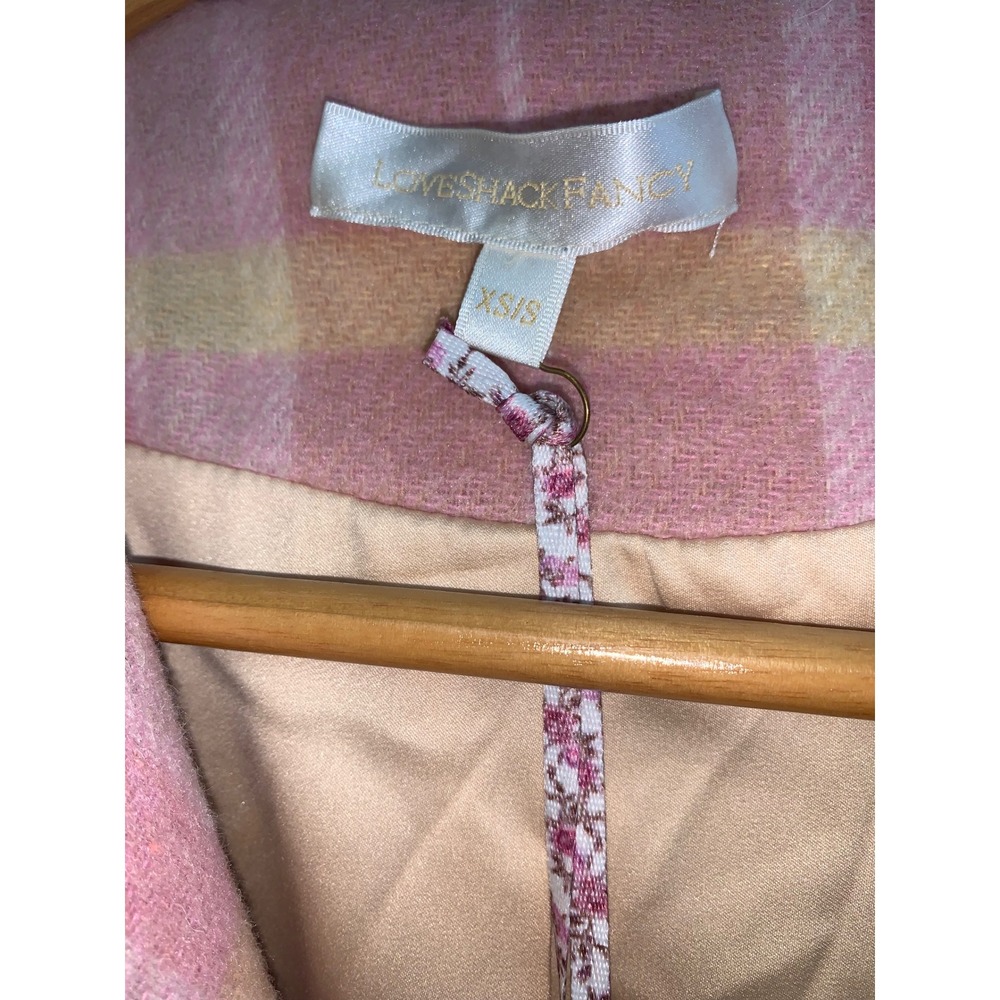 LoveShackFancy Harrison Wrap Jacket Oakwood Pink Plaid Fringe Wool Coat XS/S - Picture 5 of 10